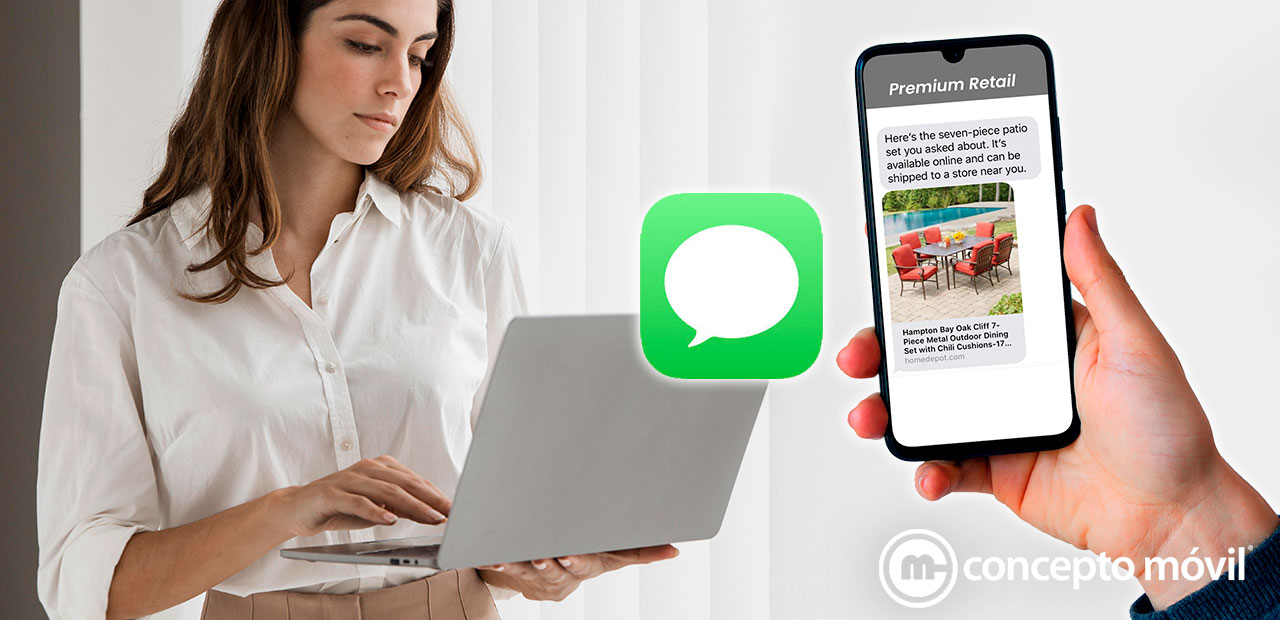 Persona de negocios usando iPhone para comunicarse con cliente a través de iMessage, MacBook y iPad en fondo, destacando Apple Messages for Business en oficina moderna.