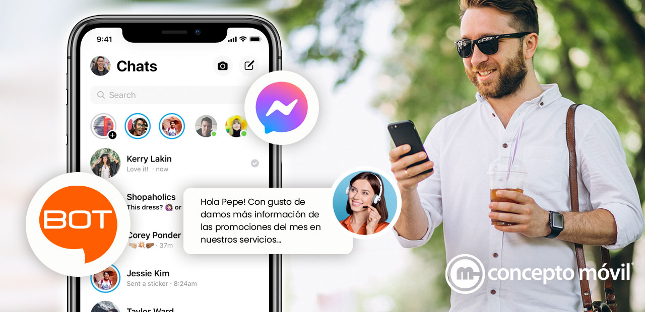 Smartphone con conversaciones vibrantes en Facebook Messenger, destacando la comunicación con BroadcasterBot de Concepto Móvil.