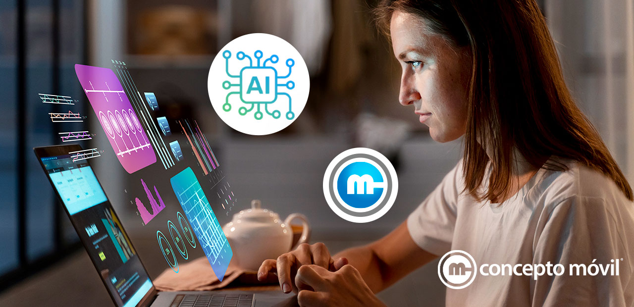 Ventajas y desventajas de la IA en un entorno empresarial, con análisis de datos y persona usando IA. Logo de Concepto Móvil.