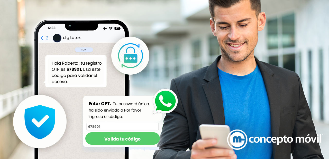 Profesional enviando mensajes SMS seguros con APIs y OTP, representando comunicación digital segura